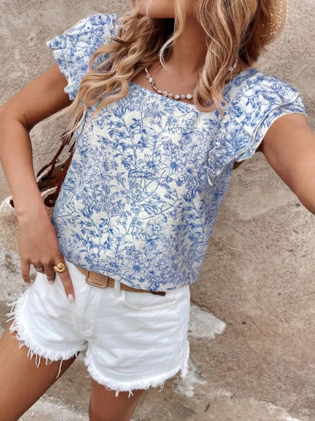 Floral Print Ruffle Trim Blouse