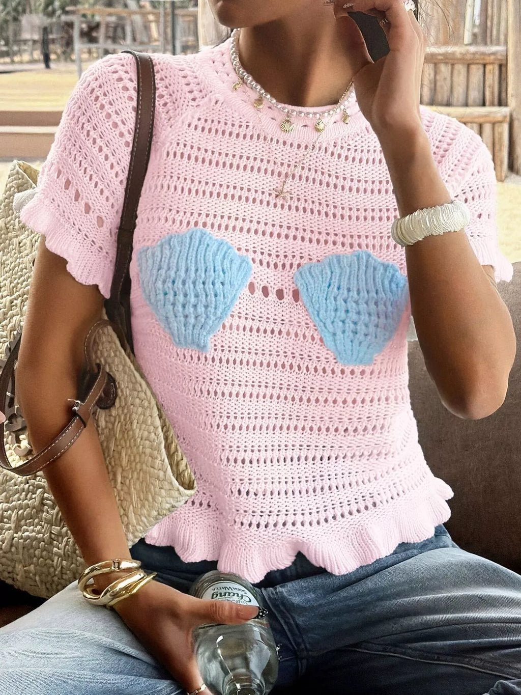 Openwork Ruffled Hem Knit Top