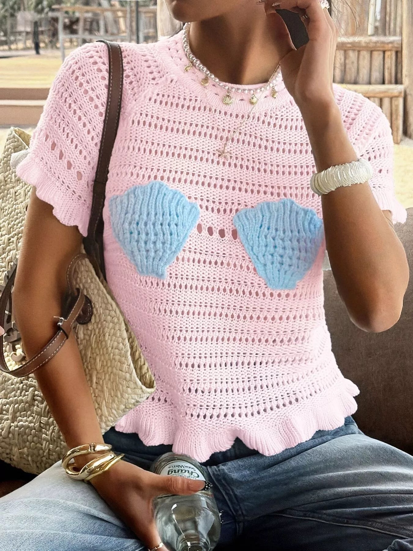 Openwork Ruffled Hem Knit Top