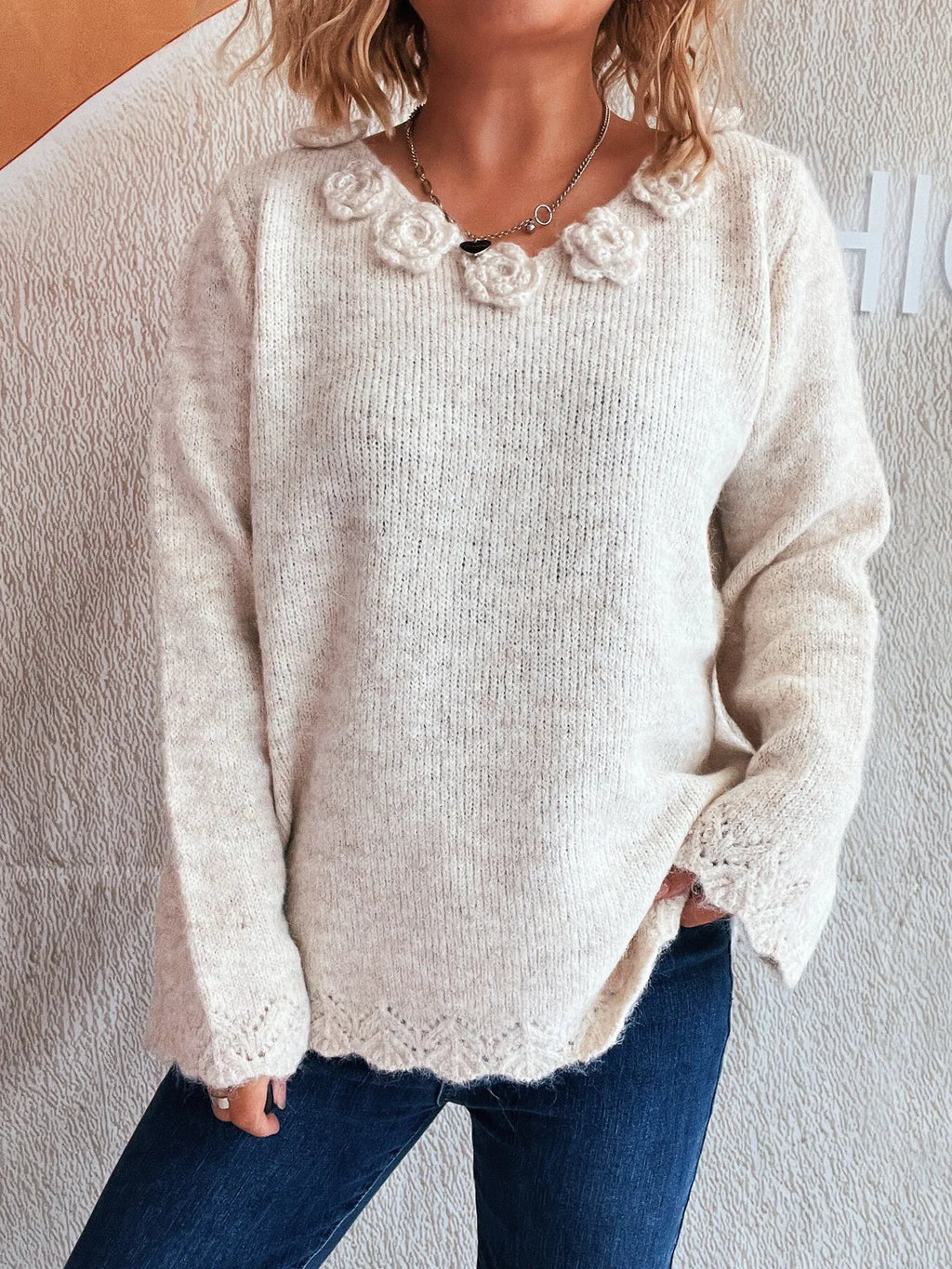 Flower V-Neck Long Sleeve Sweater