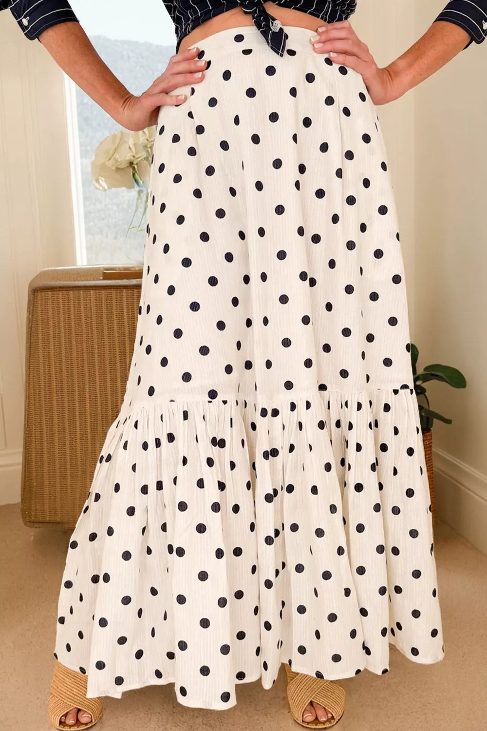 Polka Dot Ruffled Slit Maxi Skirt