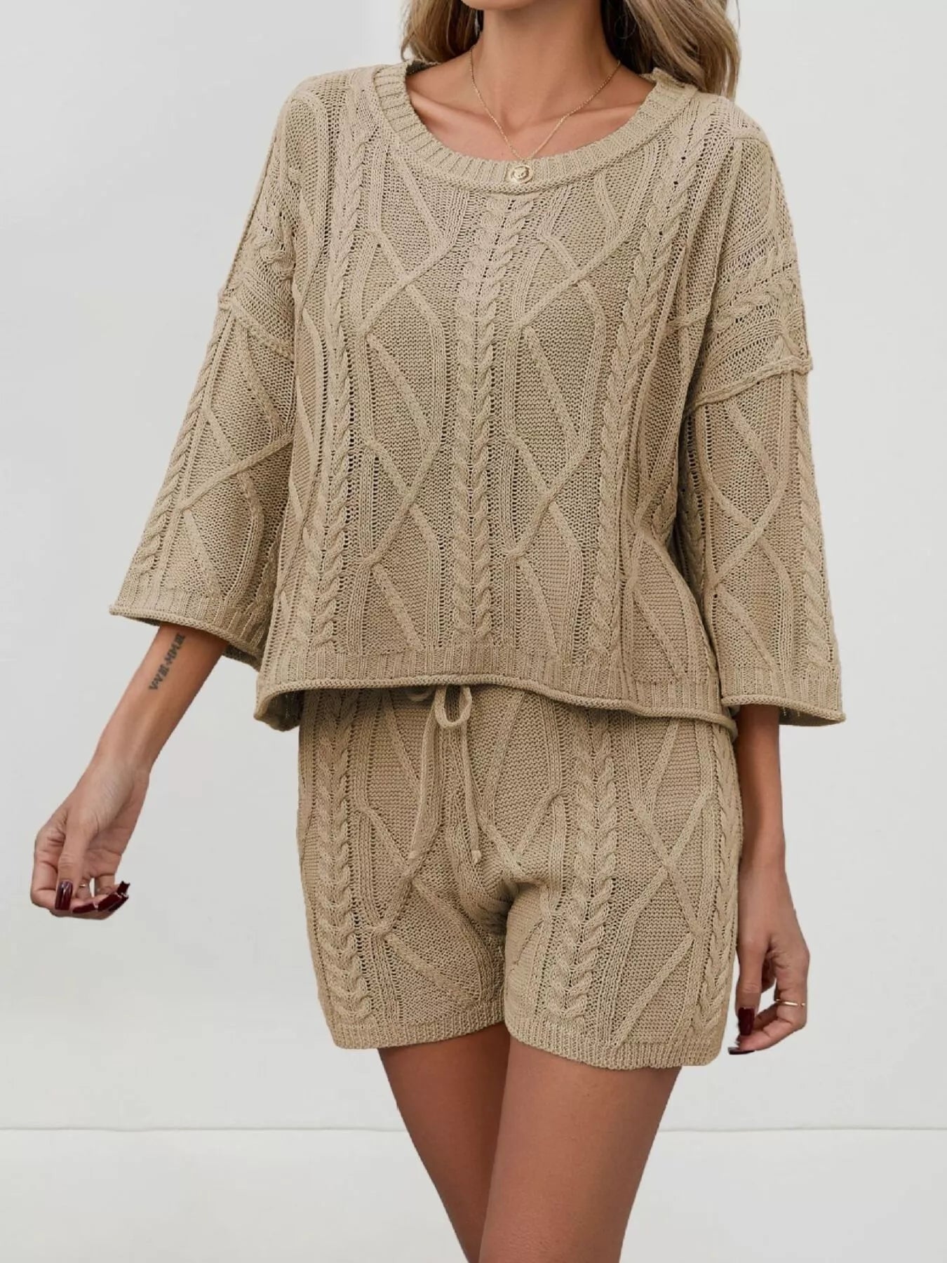 Cable Knit Round Neck Top and Shorts Sweater Set