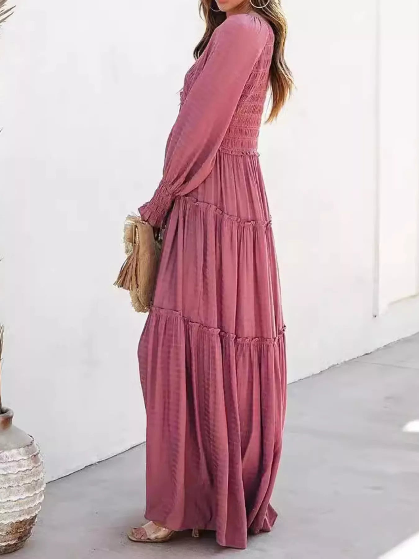 V-Neck Long Sleeve Tiered Maxi Dress