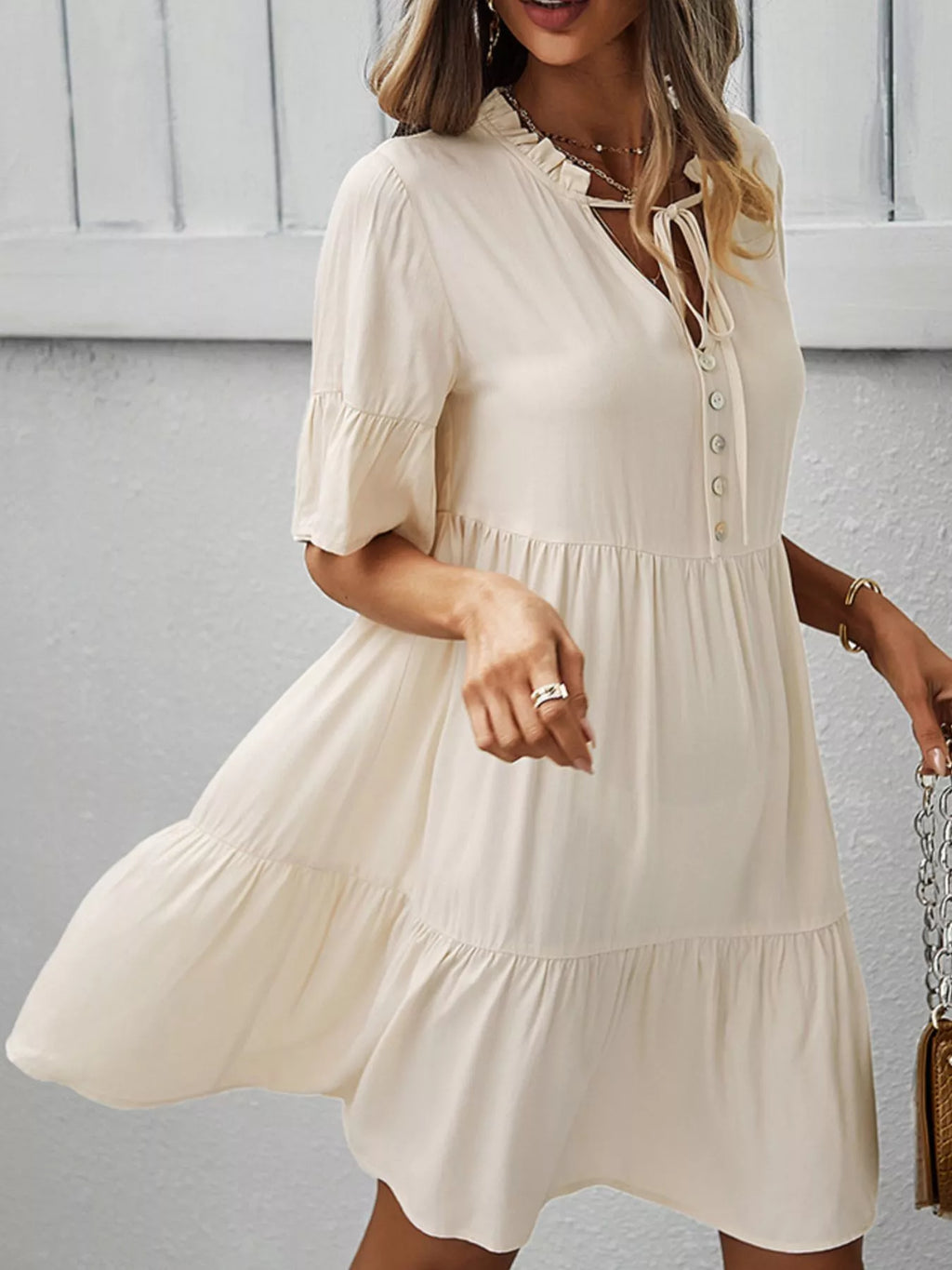 Boho Ruffle Sleeve Button Down Tiered Mini Dress