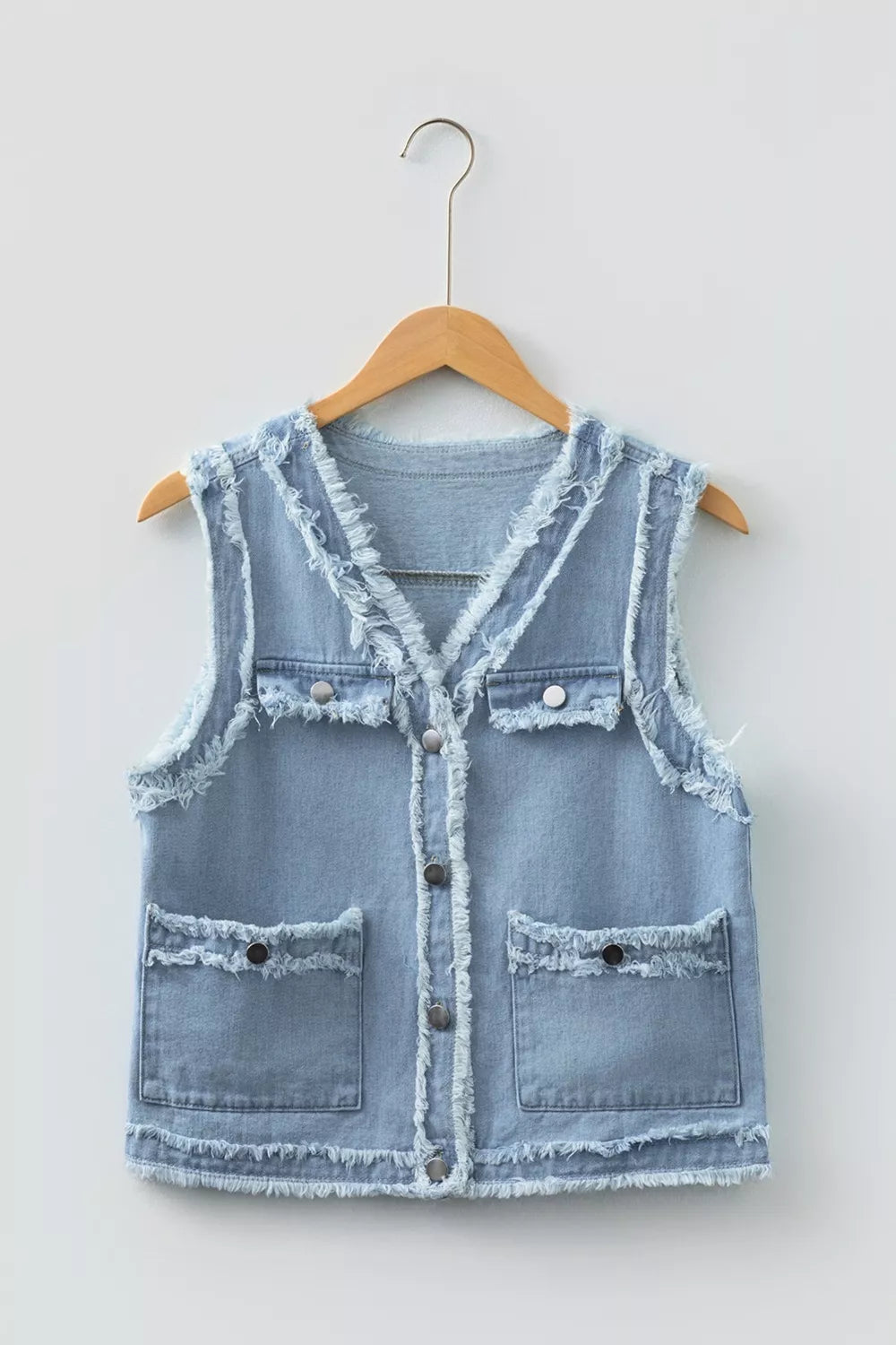 Frayed Edge Flap Pockets Denim Vest Jacket