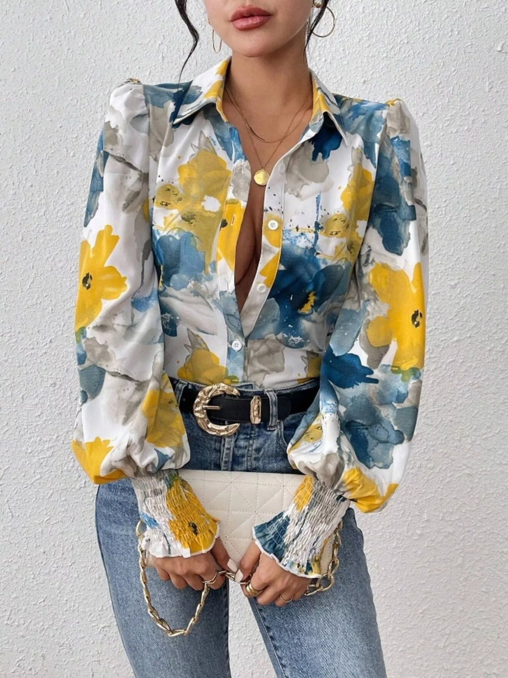 Printed Button Up Lantern Sleeve Shirt