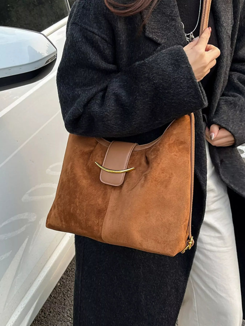 Convertible Suede Backpack Bag with Metal Accent