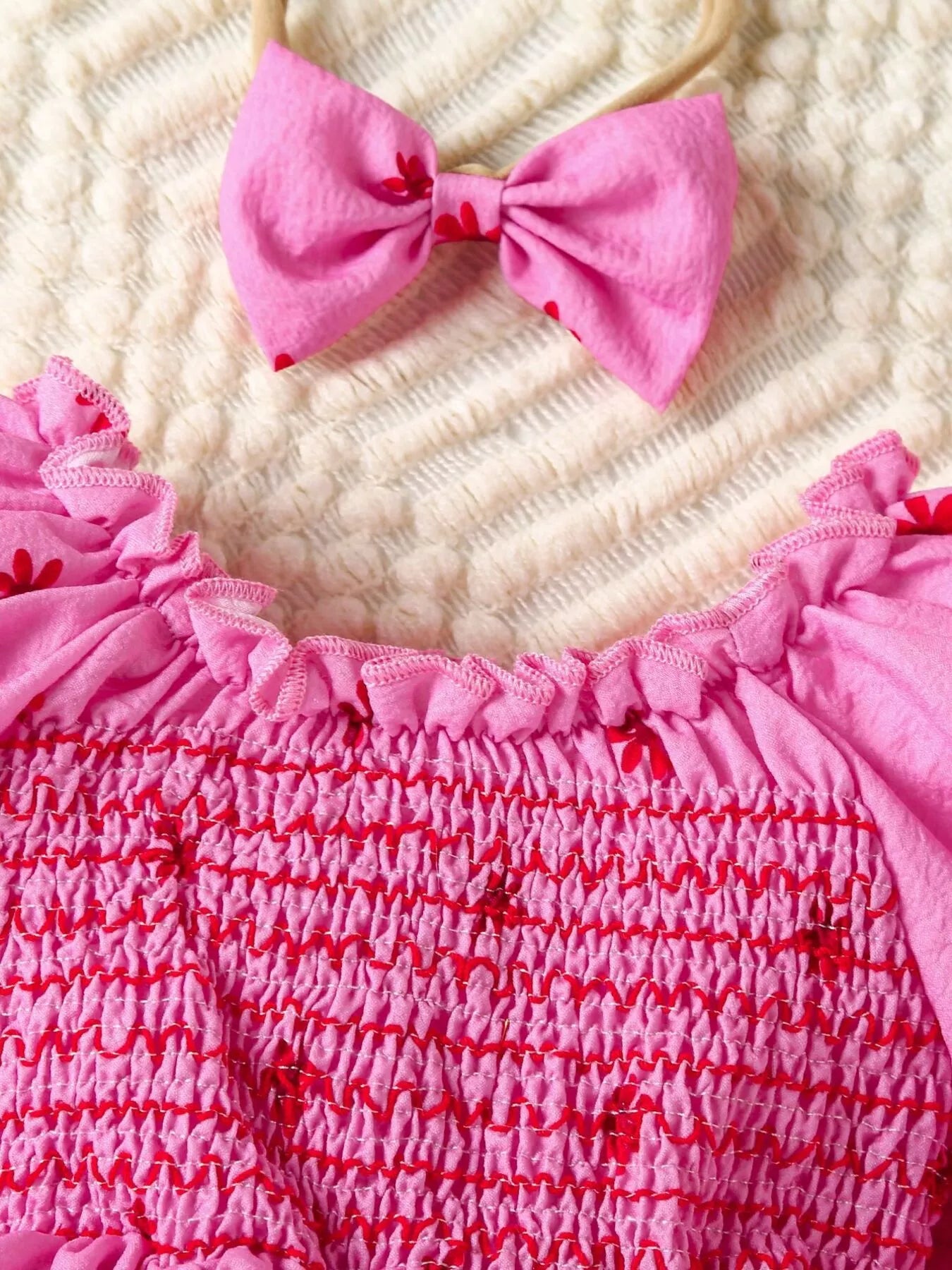 Children's Smocked Floral Print Baby Dress Set with Headband