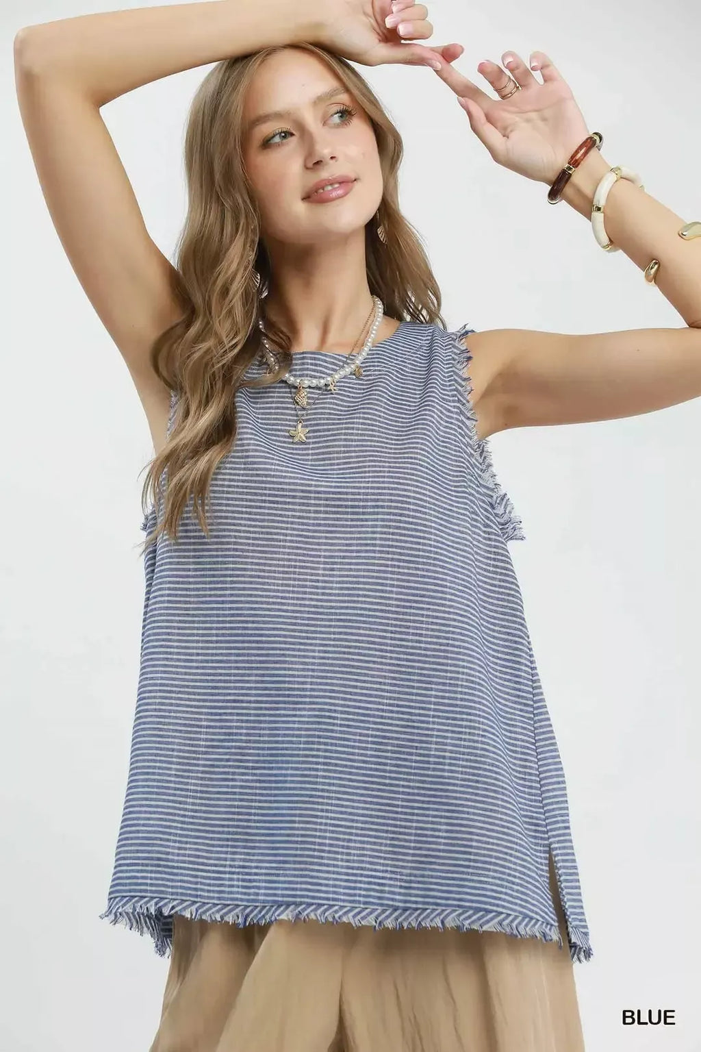Umgee Stripe Fringe Trim Sleeveless Top