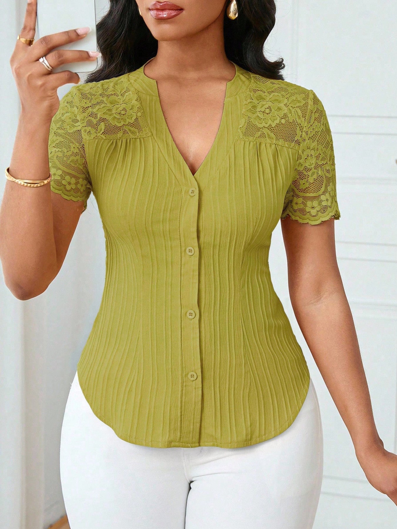 Lace Sleeve Button Up Shirt