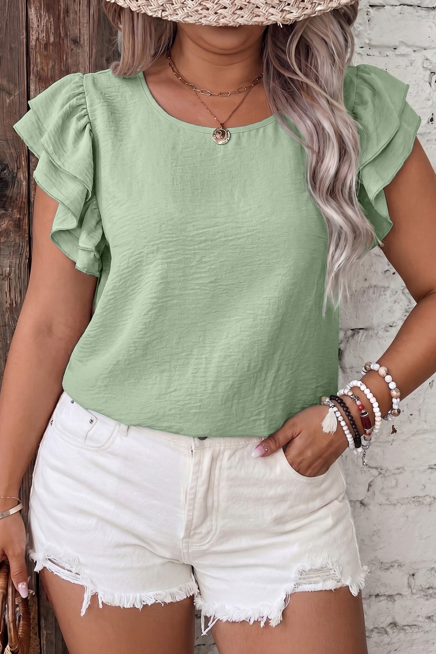 Plus Size Solid Crew Neck Ruffle Sleeve Top