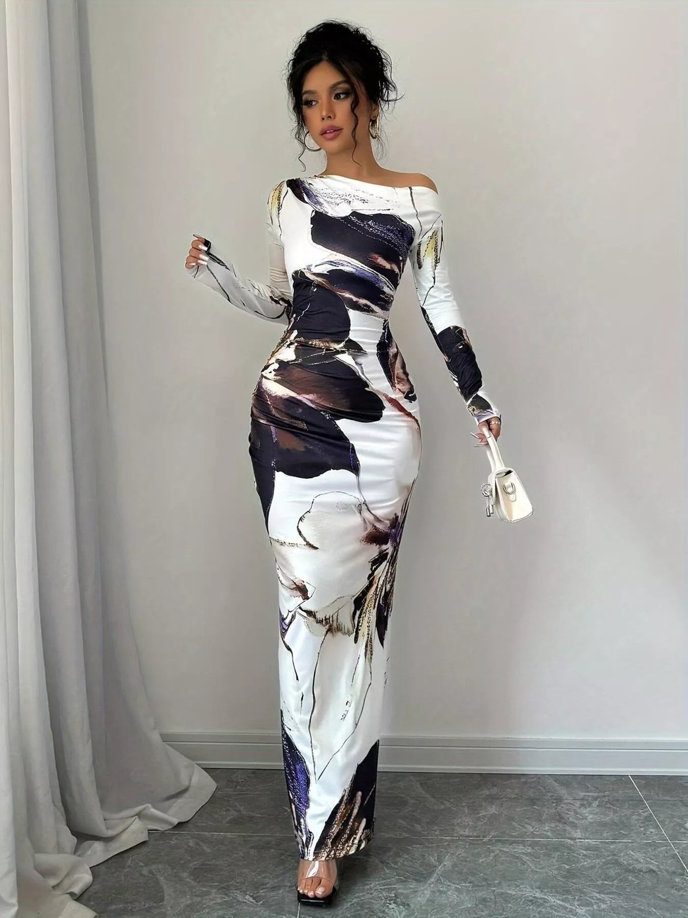 Floral One Shoulder Long Sleeve Maxi Dress