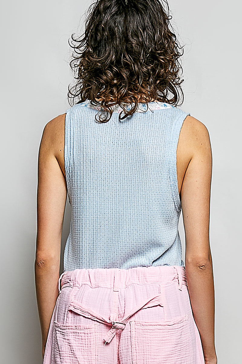 POL Ribbed V-Neck Tank with Contrast Floral Neckband