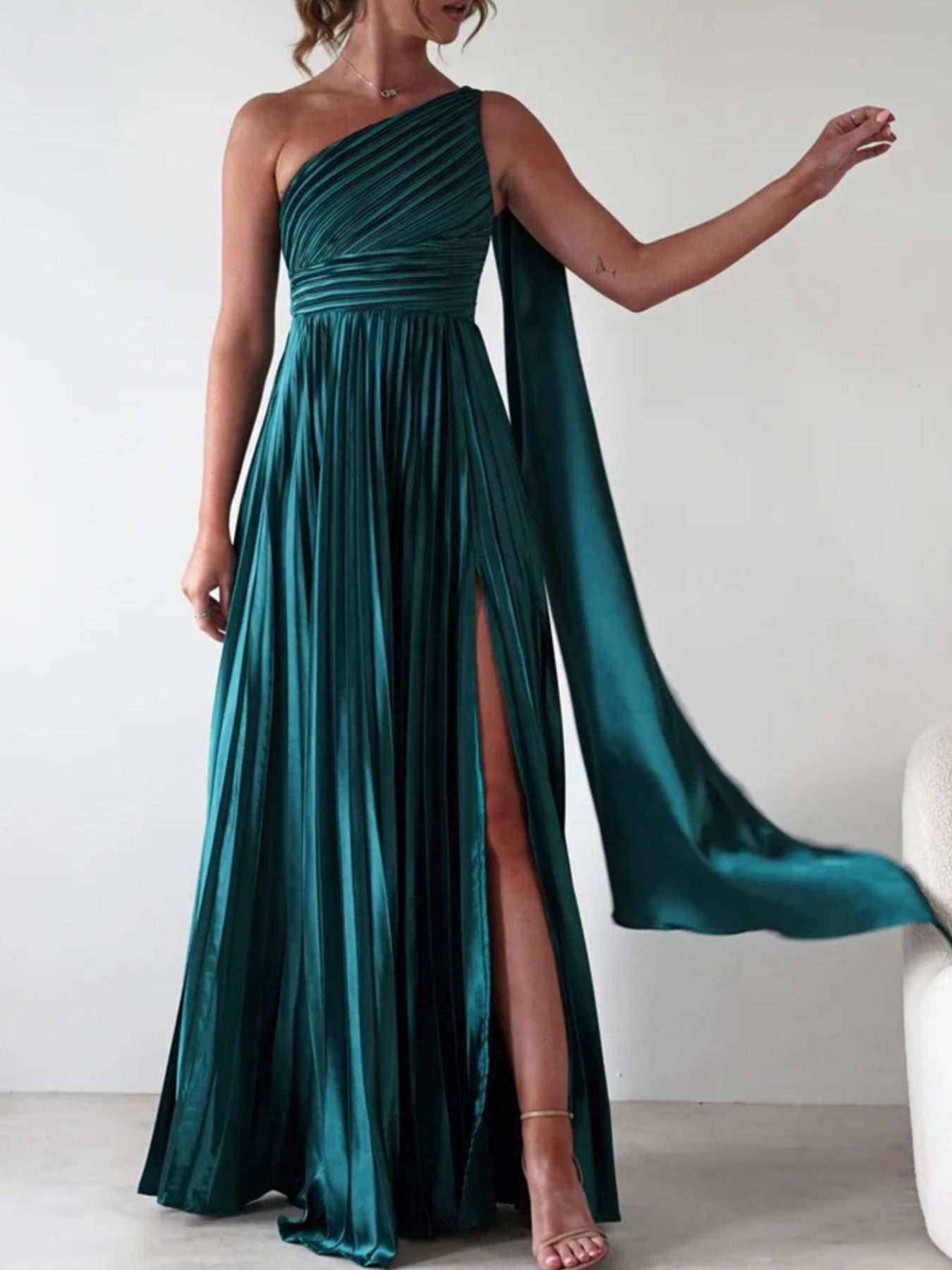 One-Shoulder Pleated Slit Maxi Dress
