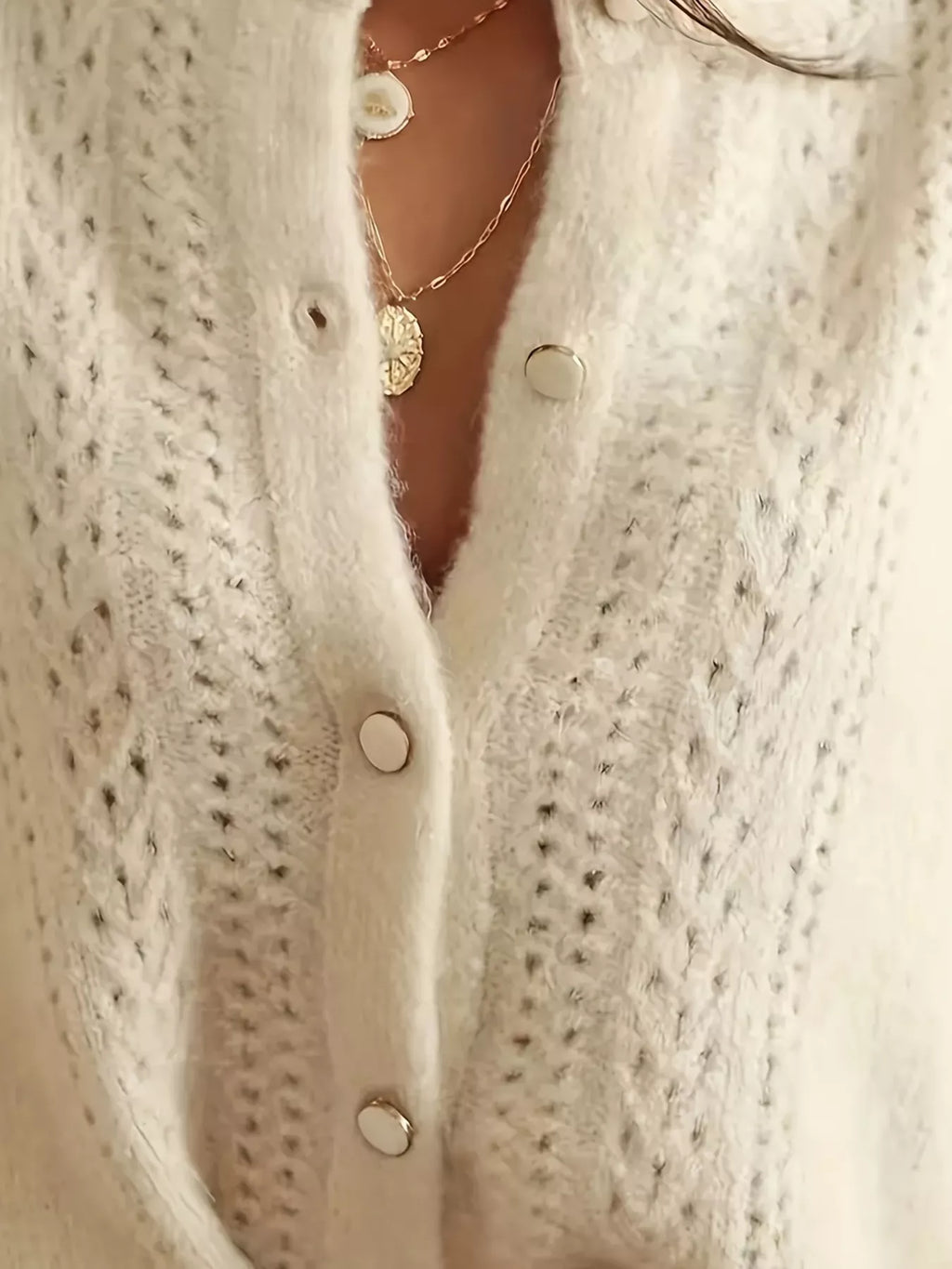 Button-Down Eyelet Long Sleeve Cardigan