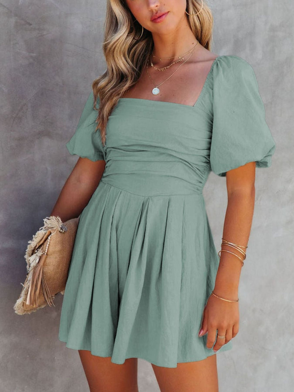 Square Neck Ruched Puff Sleeve Romper