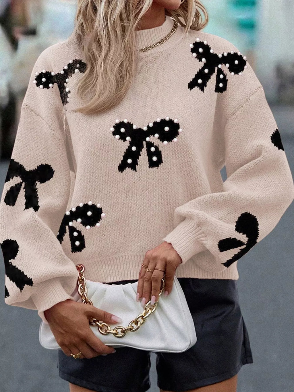 Pearl Embellished Bow Pattern Loose Sweater