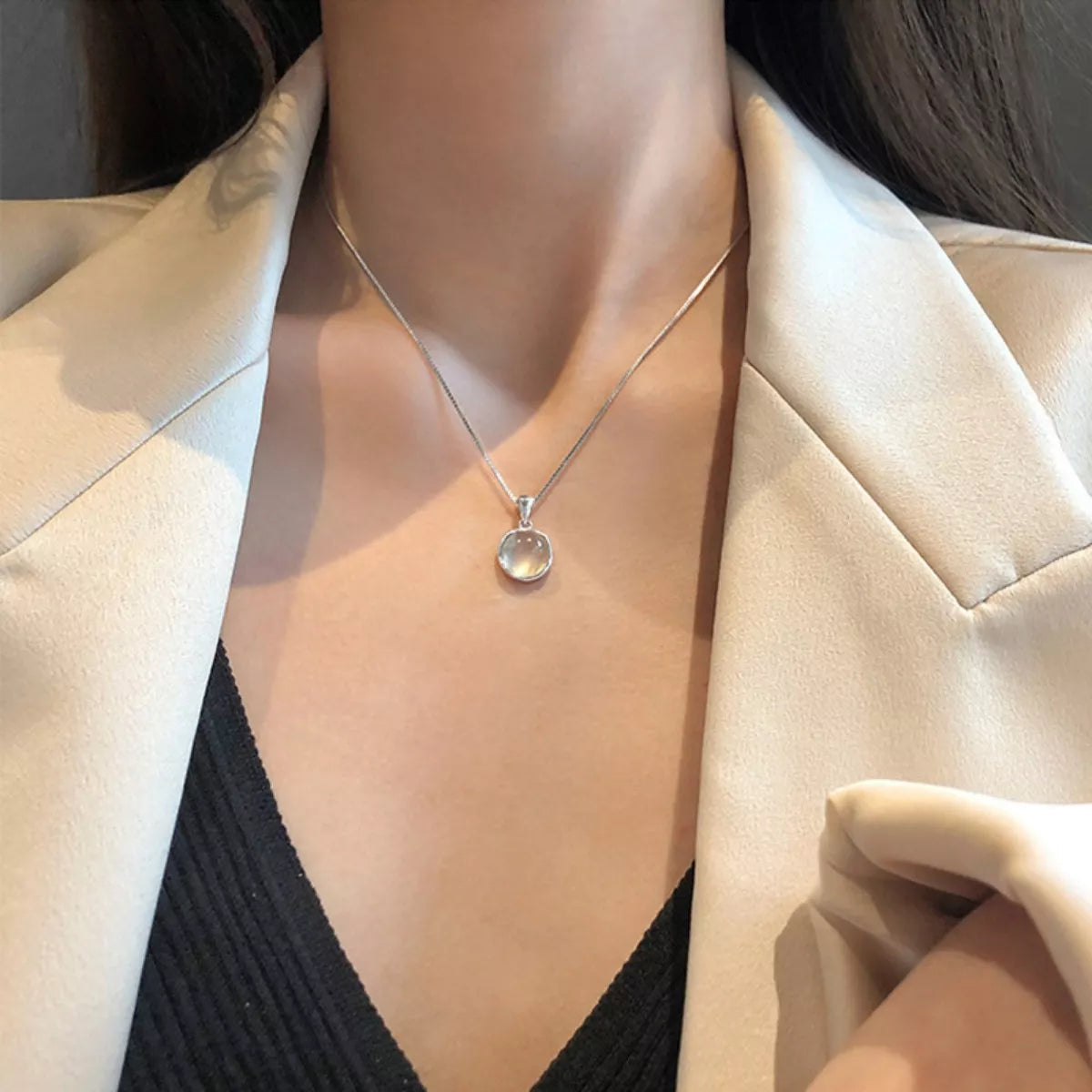 925 Sterling Silver Cat's Eye Stone Pendant Necklace