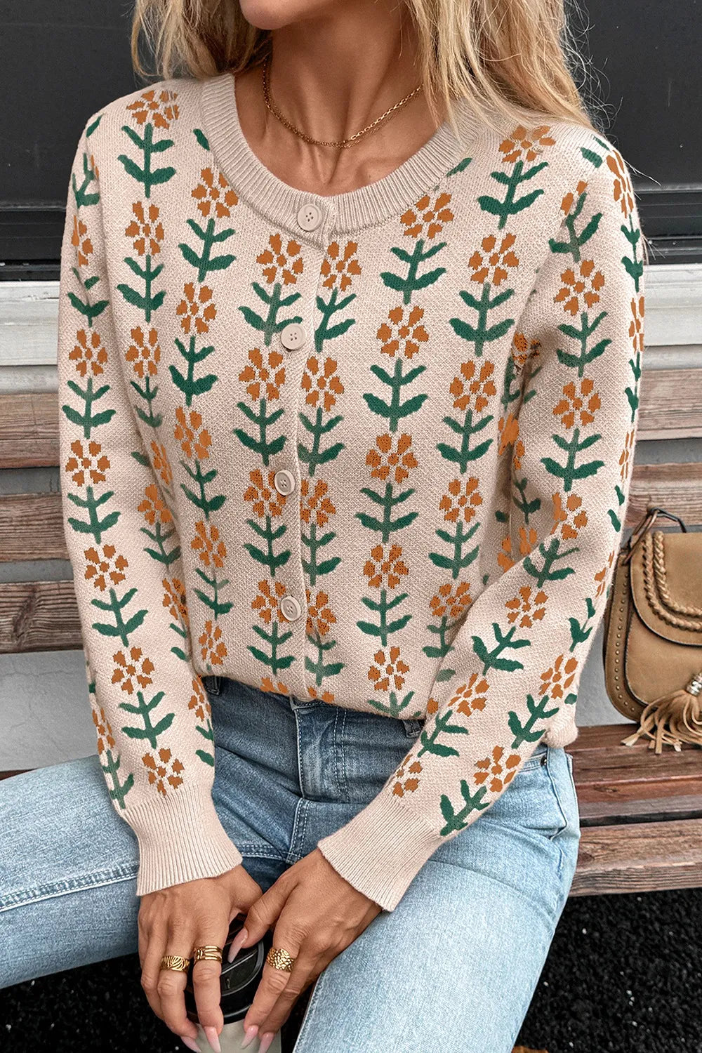 Floral Button-Up Knit Cardigan