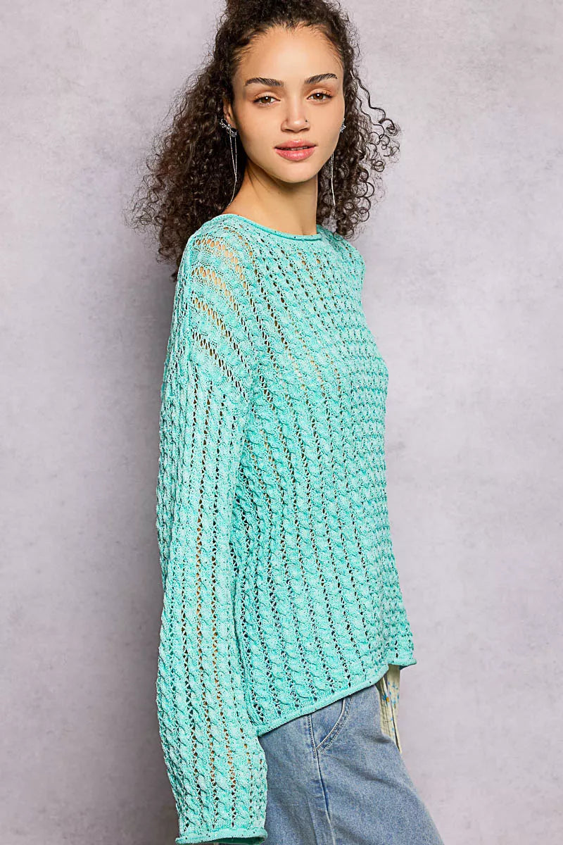 POL Openwork Round Neck Knit Top with Shiny Detail