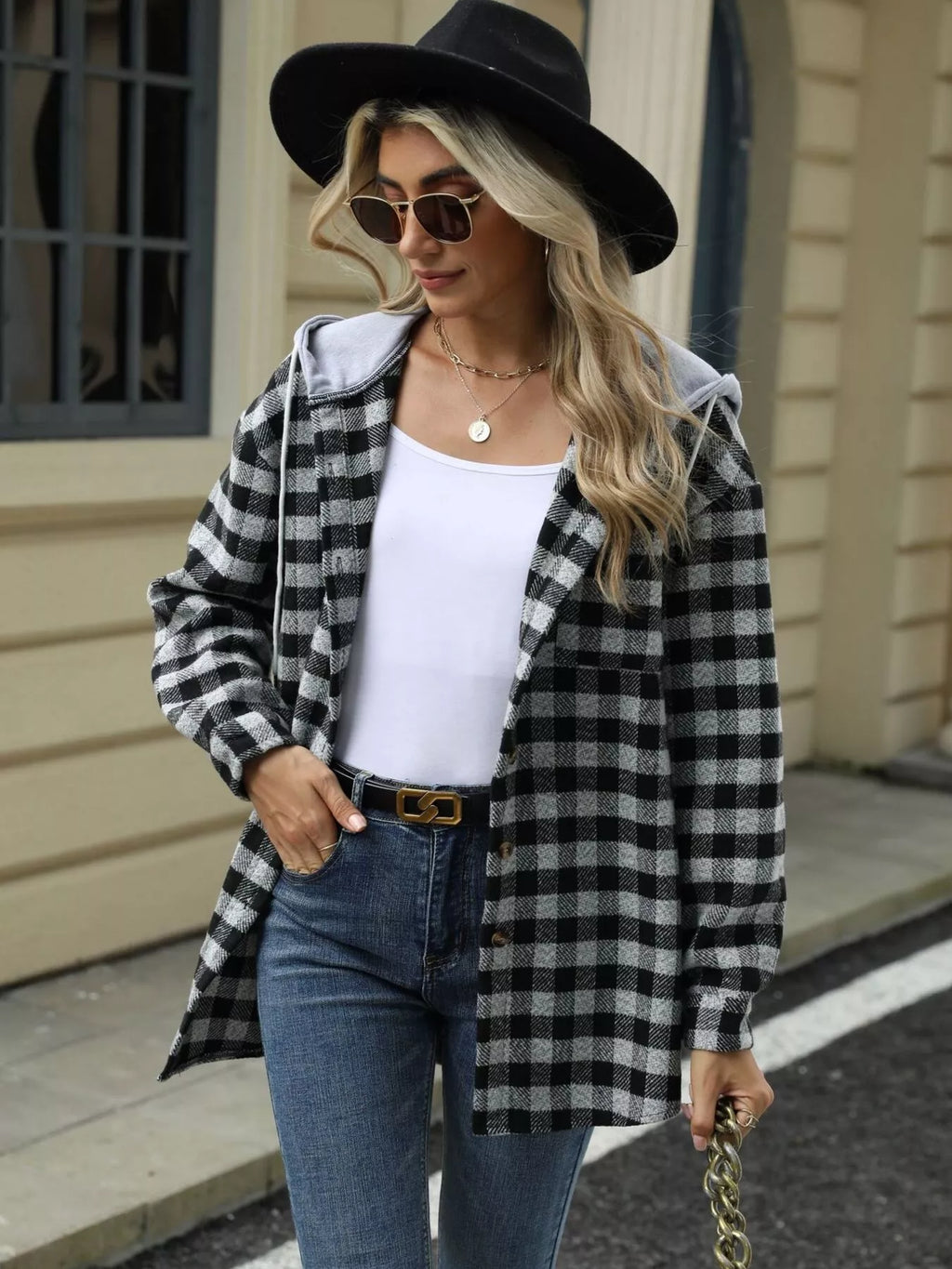 Plaid Button Up Long Sleeve Drawstring Hooded Jacket