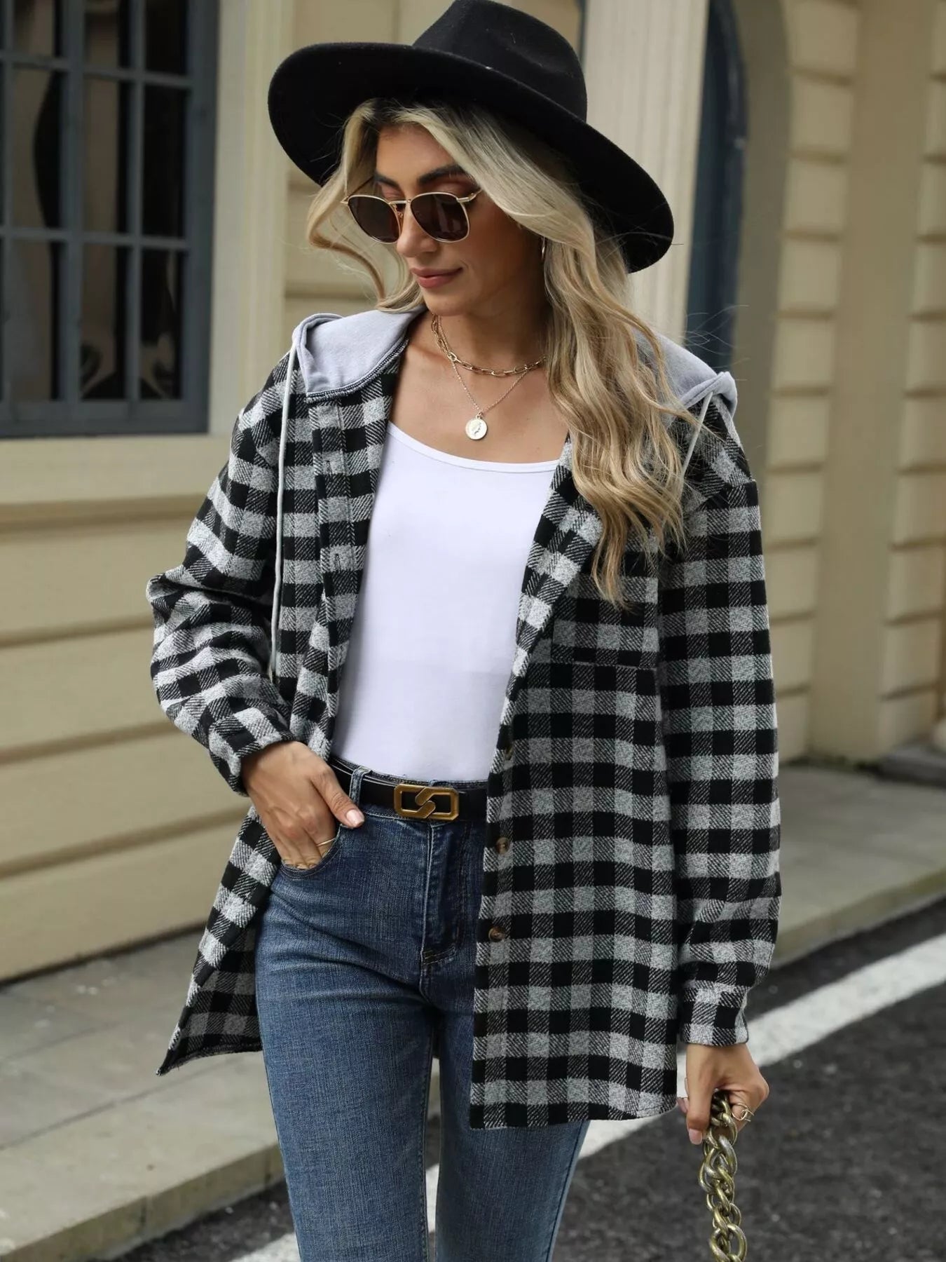Plaid Button Up Long Sleeve Drawstring Hooded Jacket