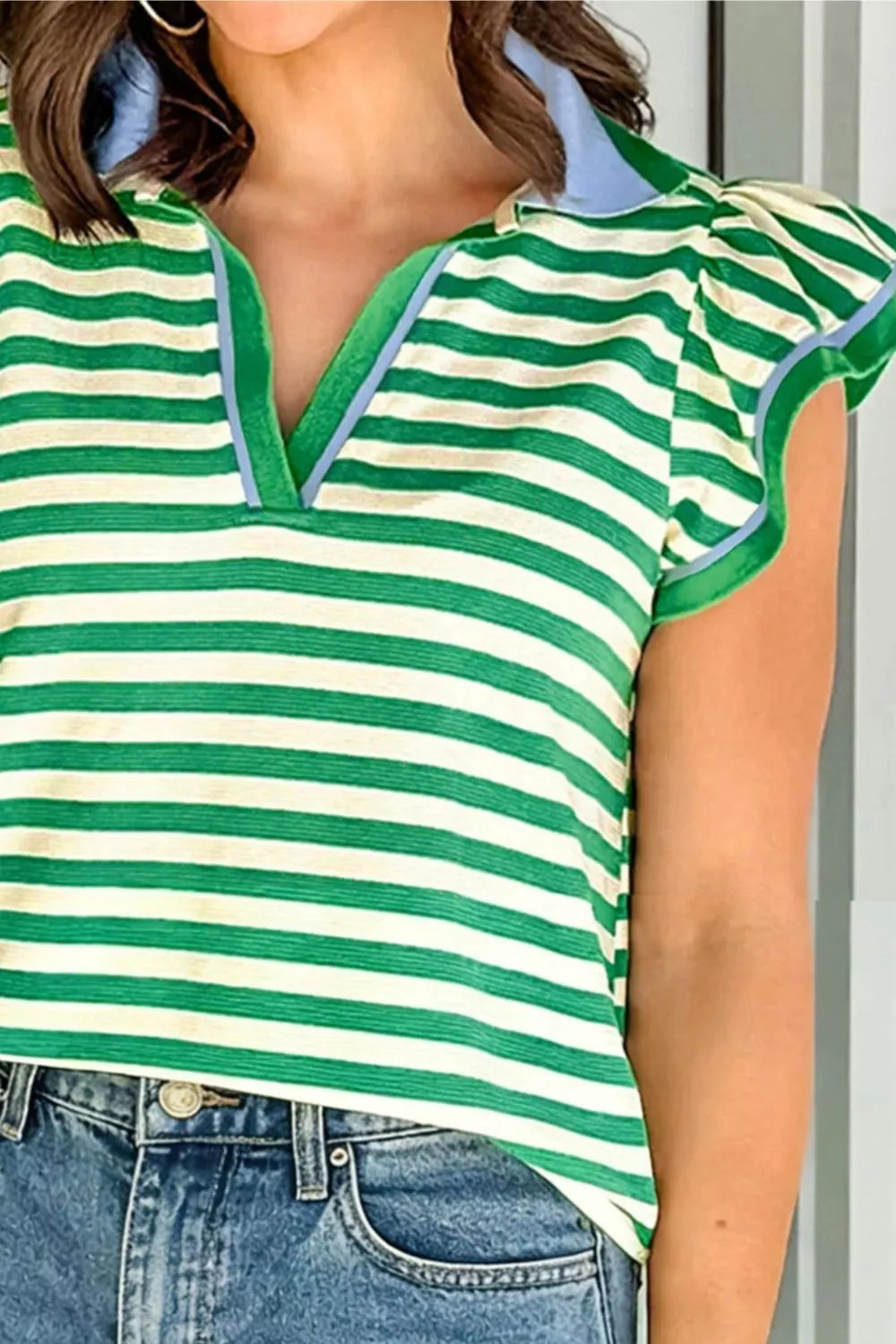 Stripe Contrast Trim Polo Collar Ruffled Short Sleeve Blouse