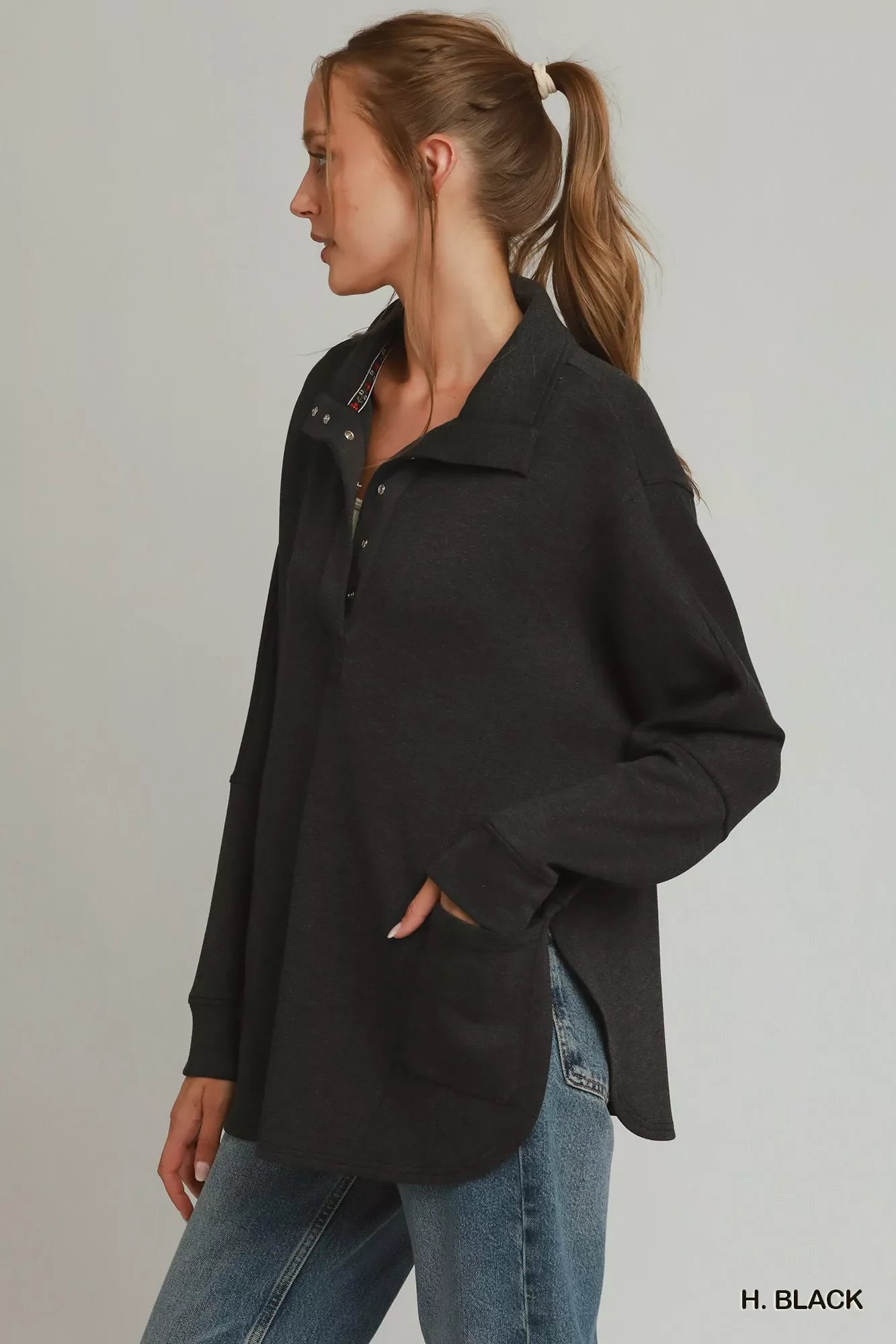 Umgee Half Placket Sweatshirt with Pockets