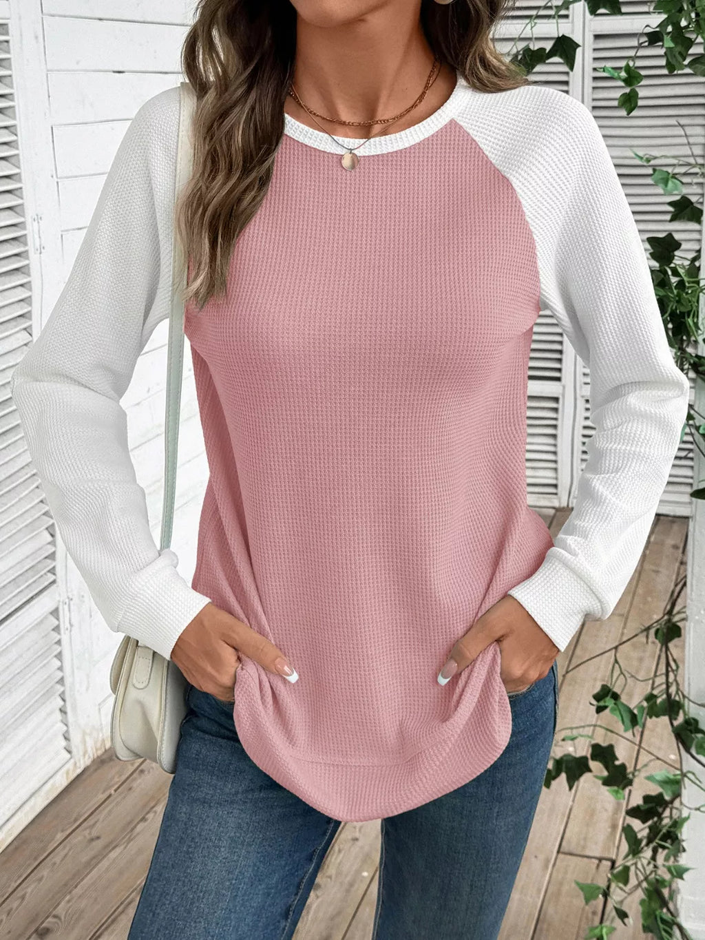 Waffle Knit Raglan Sleeve T-Shirt