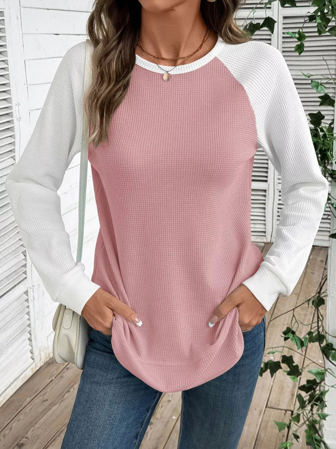 Waffle Knit Raglan Sleeve T-Shirt