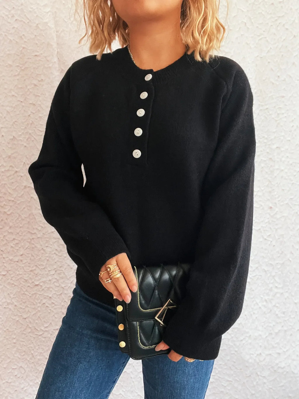 Button-Front Long Sleeve Sweater