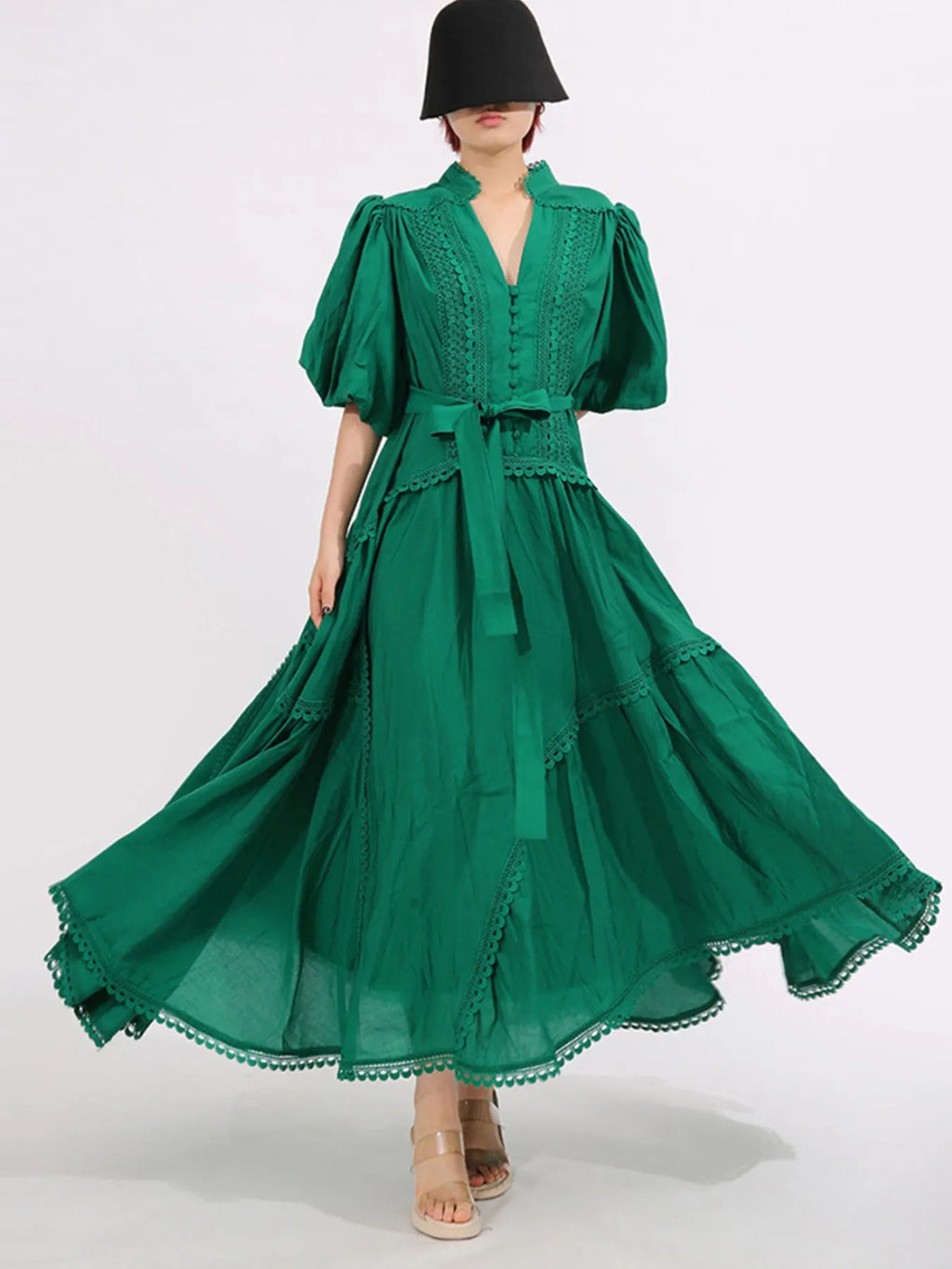 Lace Detail Notched Puff Sleeve Maxi Dress