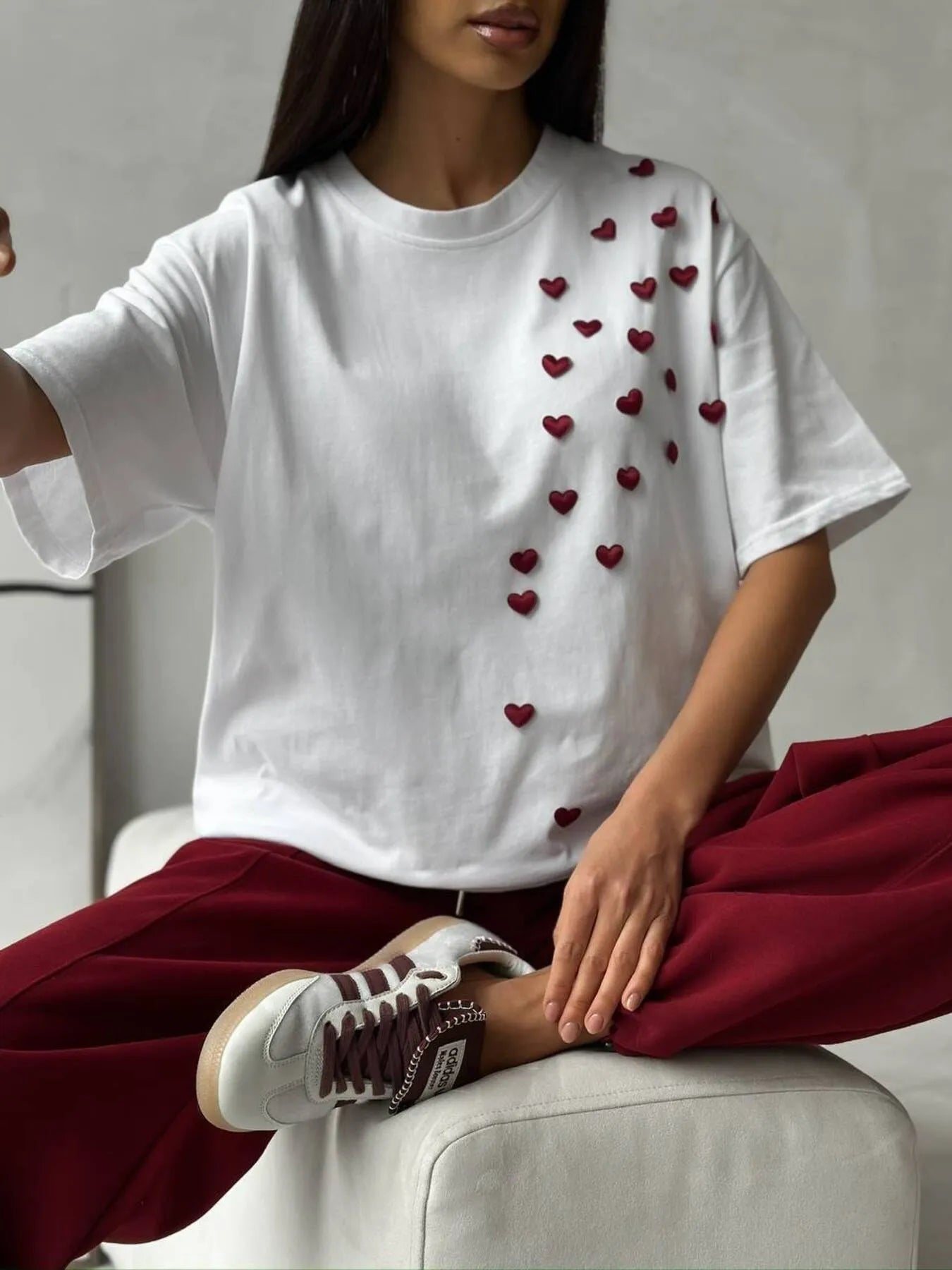 Plus Size Heart Round Neck Short Sleeve T-Shirt