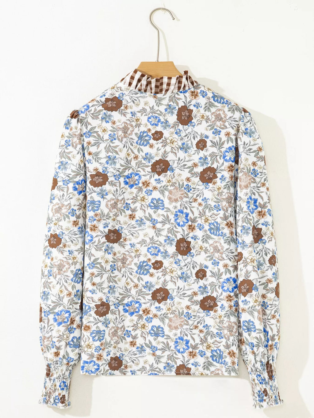 Plaid Frilled Trim V Neck Floral Long Sleeve Blouse