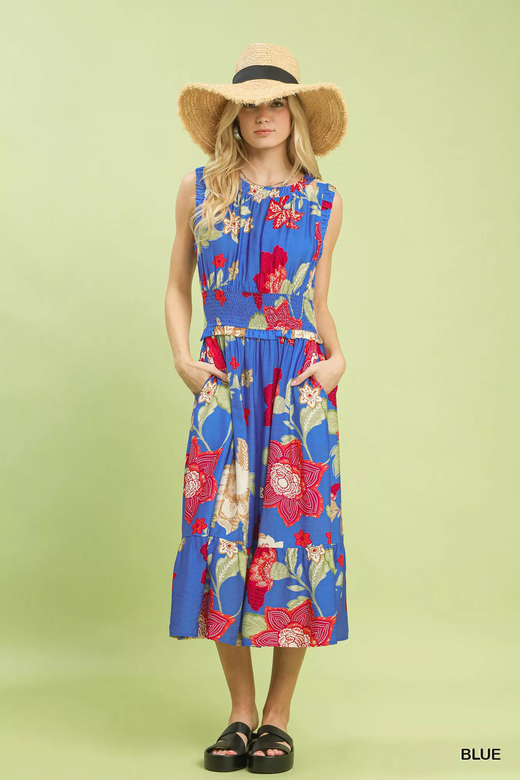 Umgee Floral Smocked Midi Dress