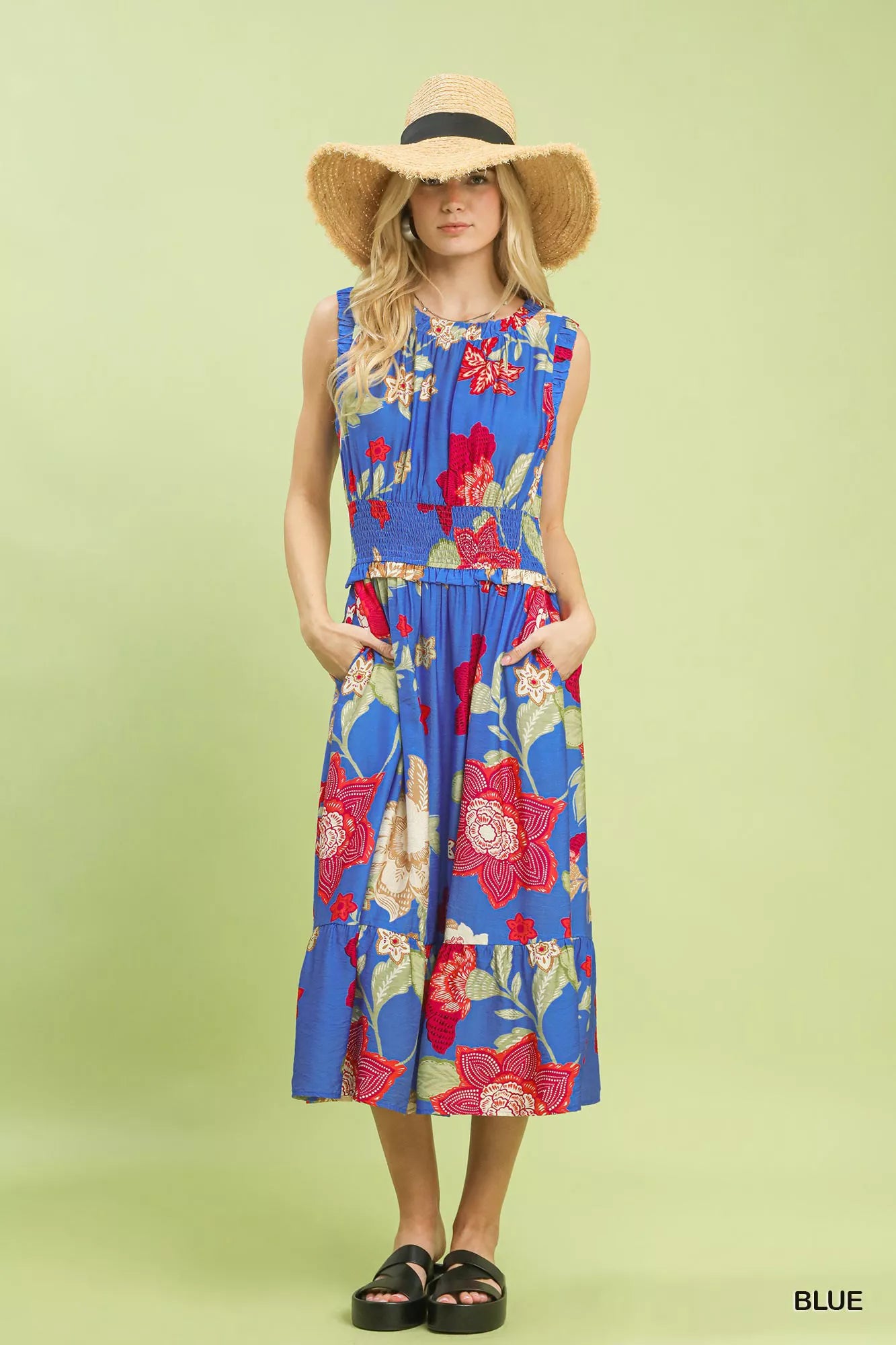 Umgee Floral Smocked Midi Dress