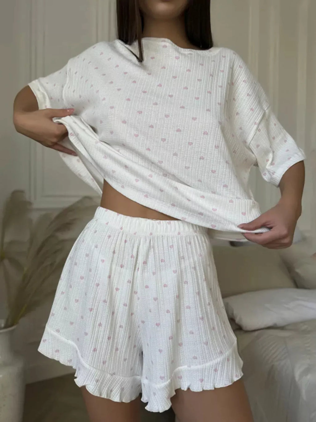 Heart Print Casual Top and Shorts Lounge Set