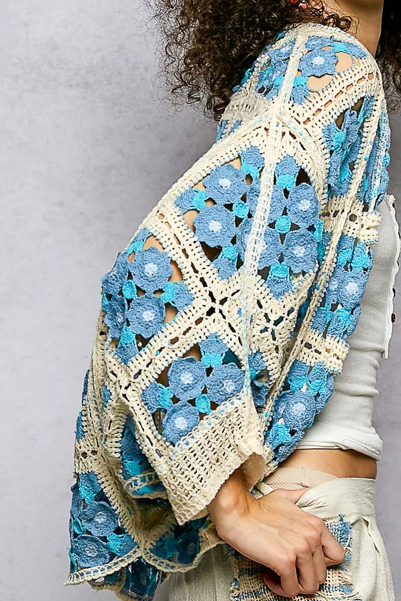 POL Open Front Floral Crochet Cardigan