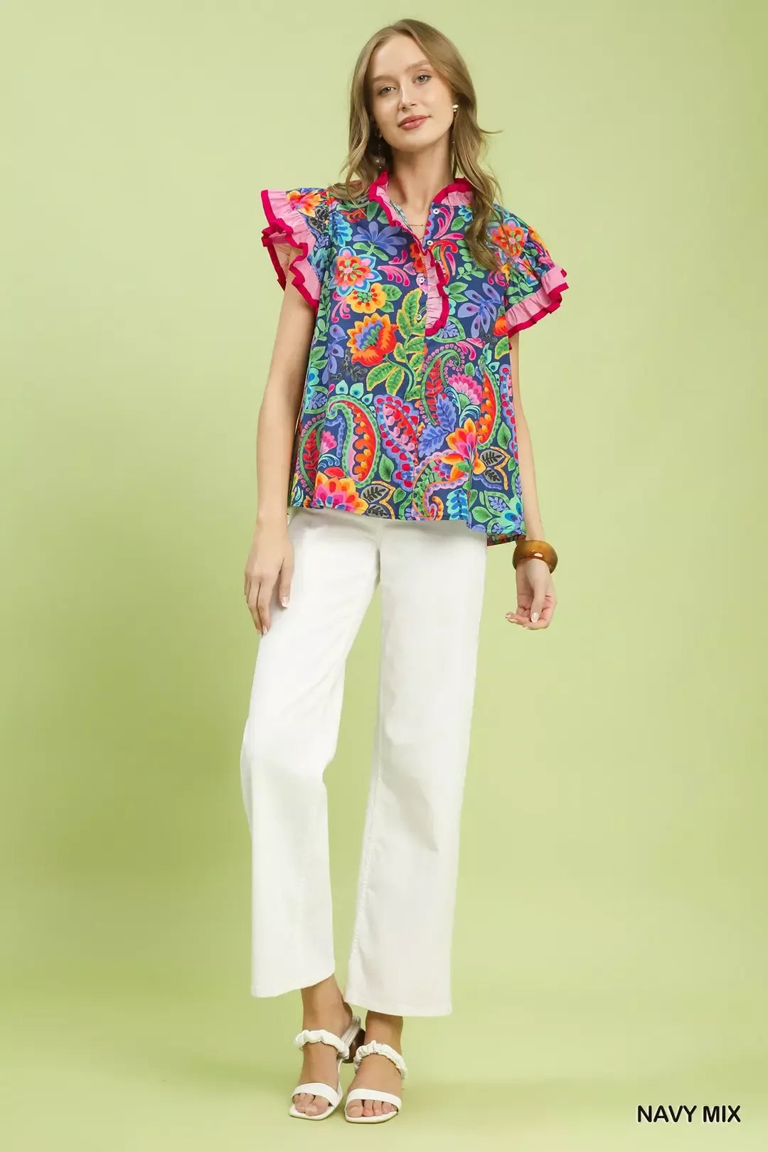 Umgee Ruffle Trim Paisley Floral Top