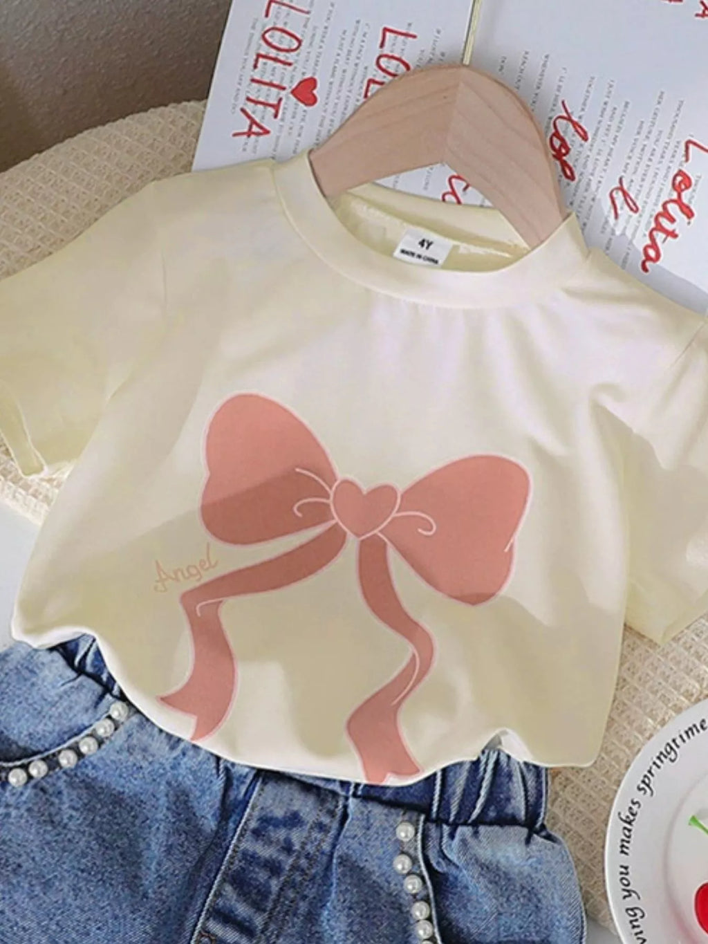 Children's Bowknot T-shirt and Denim Shorts Set