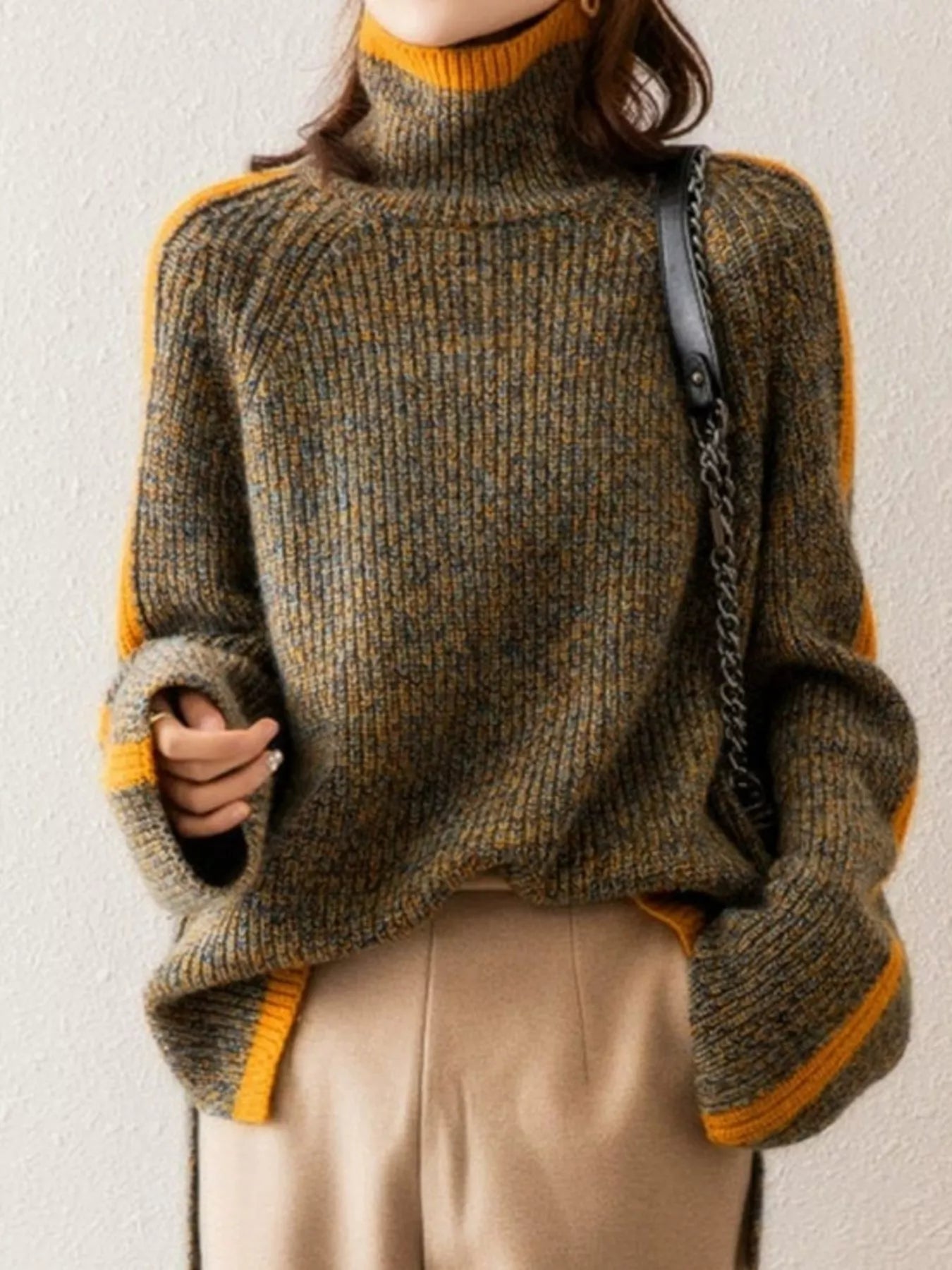 Contrast Trim Turtleneck Long Sleeve Sweater