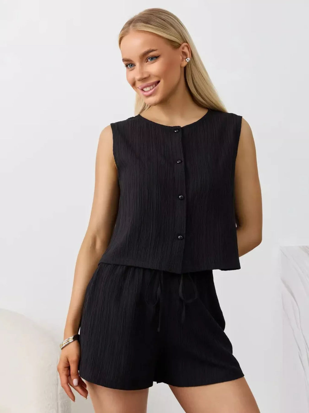 Textured Round Neck Tank and Shorts Set