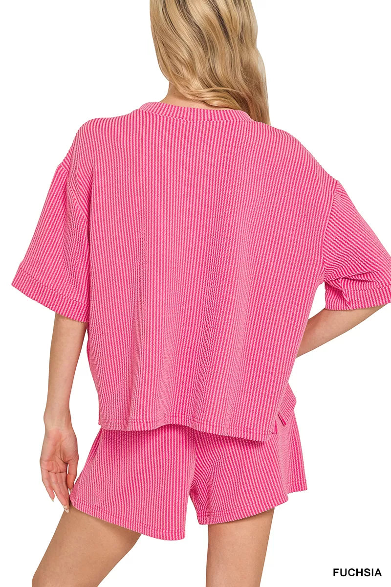 Zenana Raised Rib Short Sleeve Tee and Drawstring Shorts Set