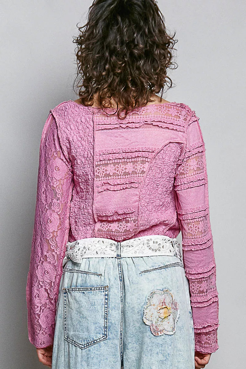 POL Round Neck Long Sleeve Exposed Seam Top with Lace Detail