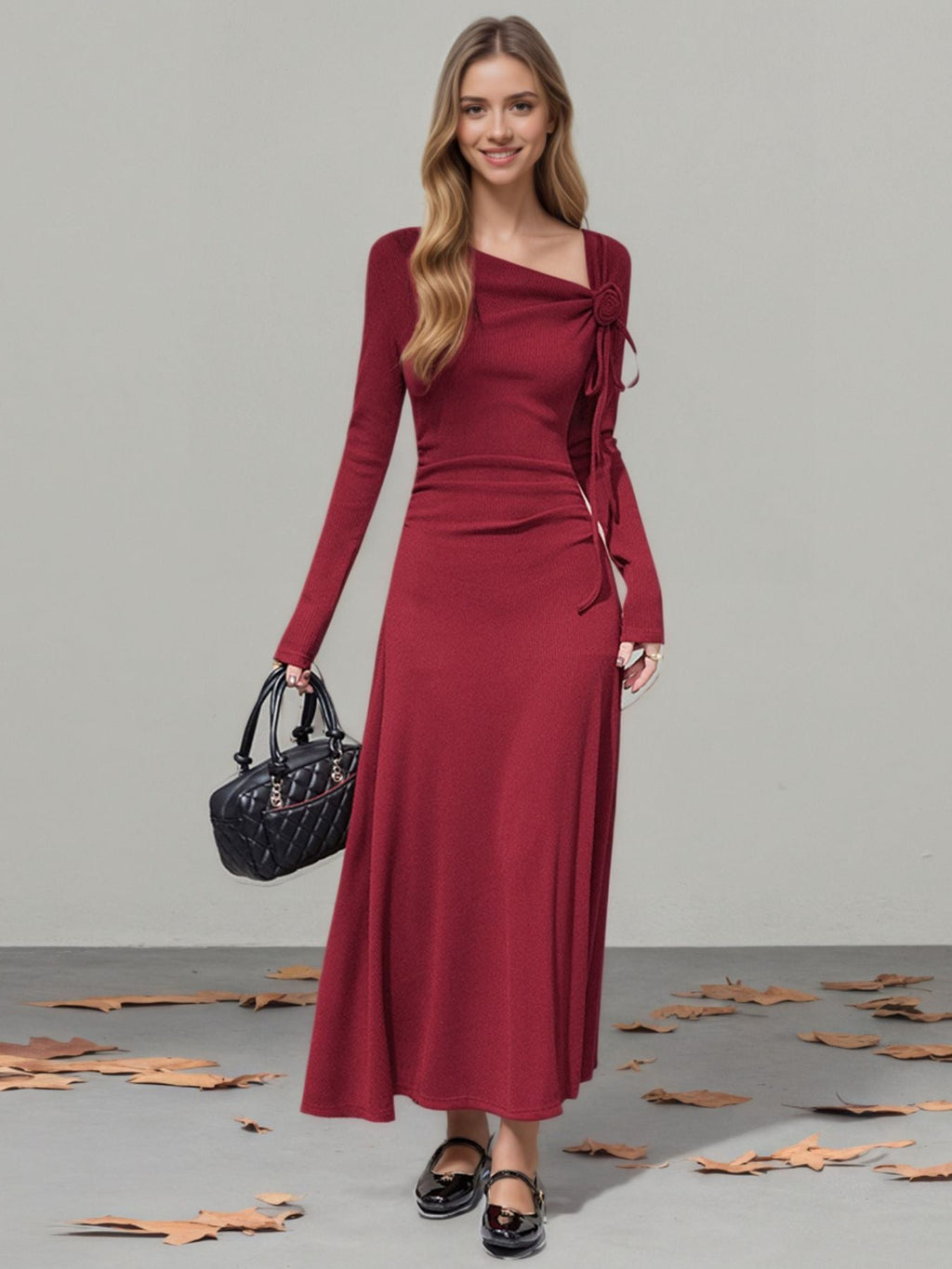 Flower Asymmetrical Neckline Long Sleeve Dress