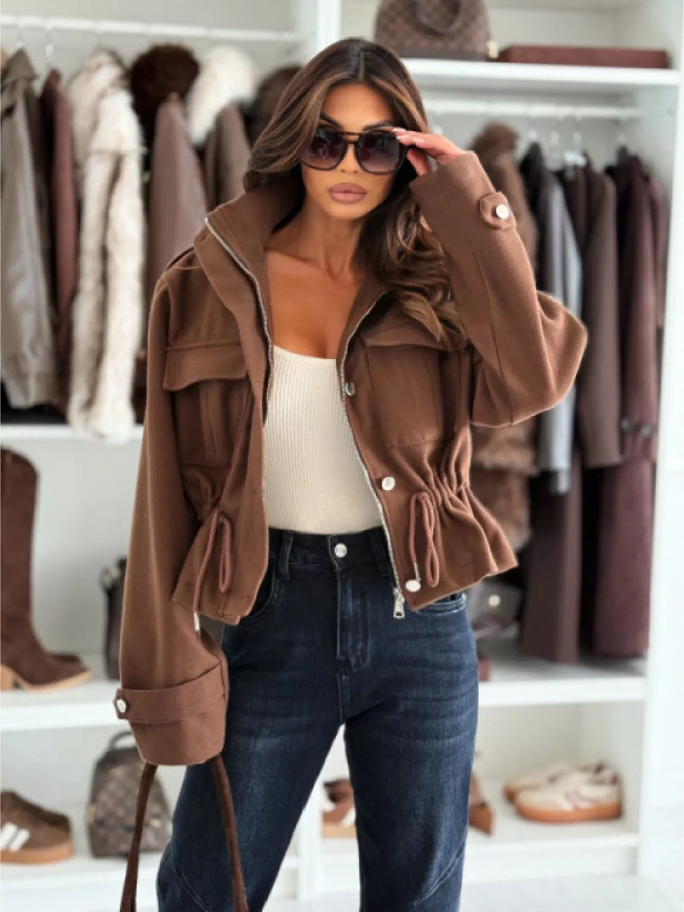 Drawstring Waist Cropped Jacket