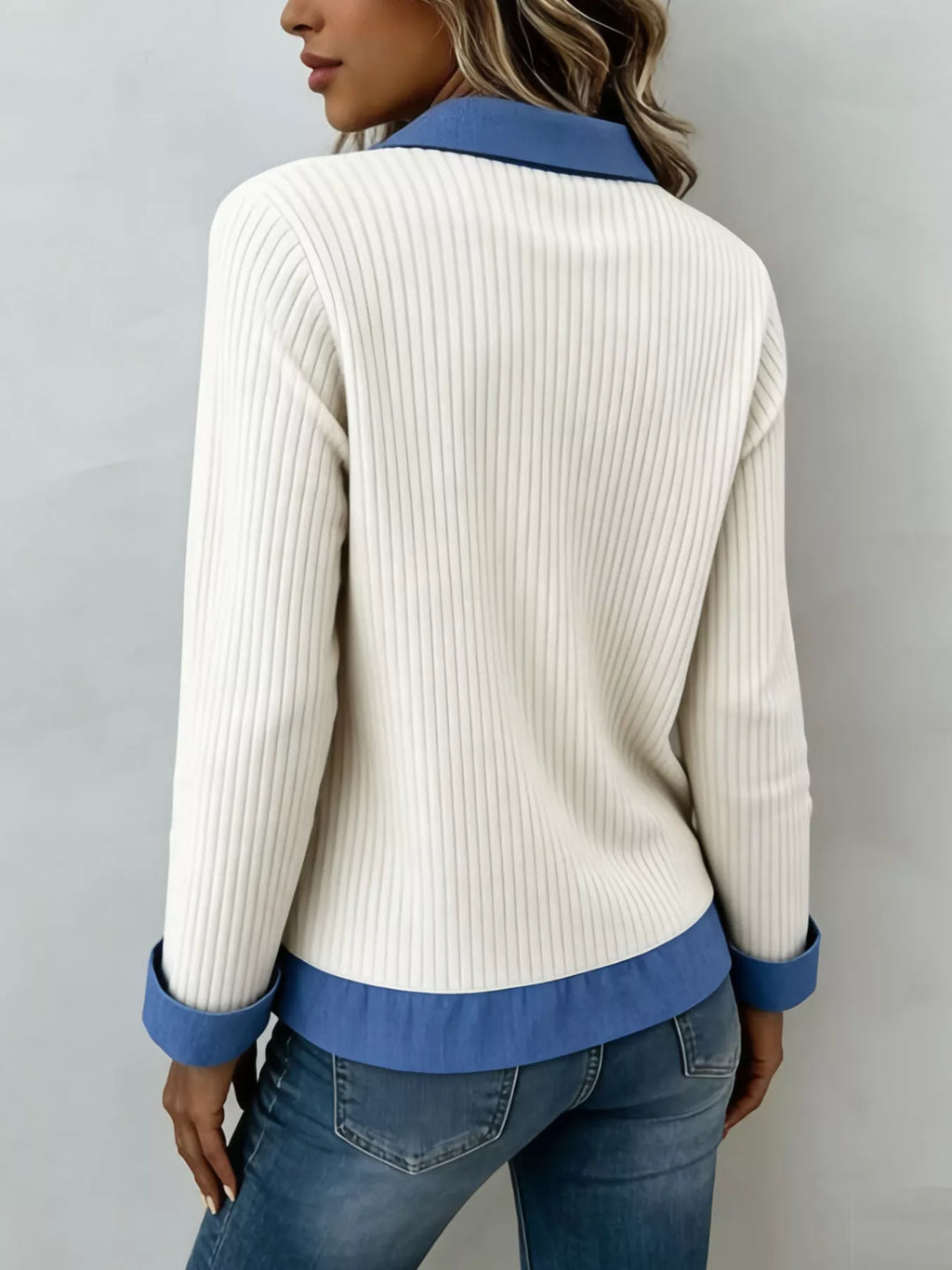 Denim Trim Ribbed Knit Top