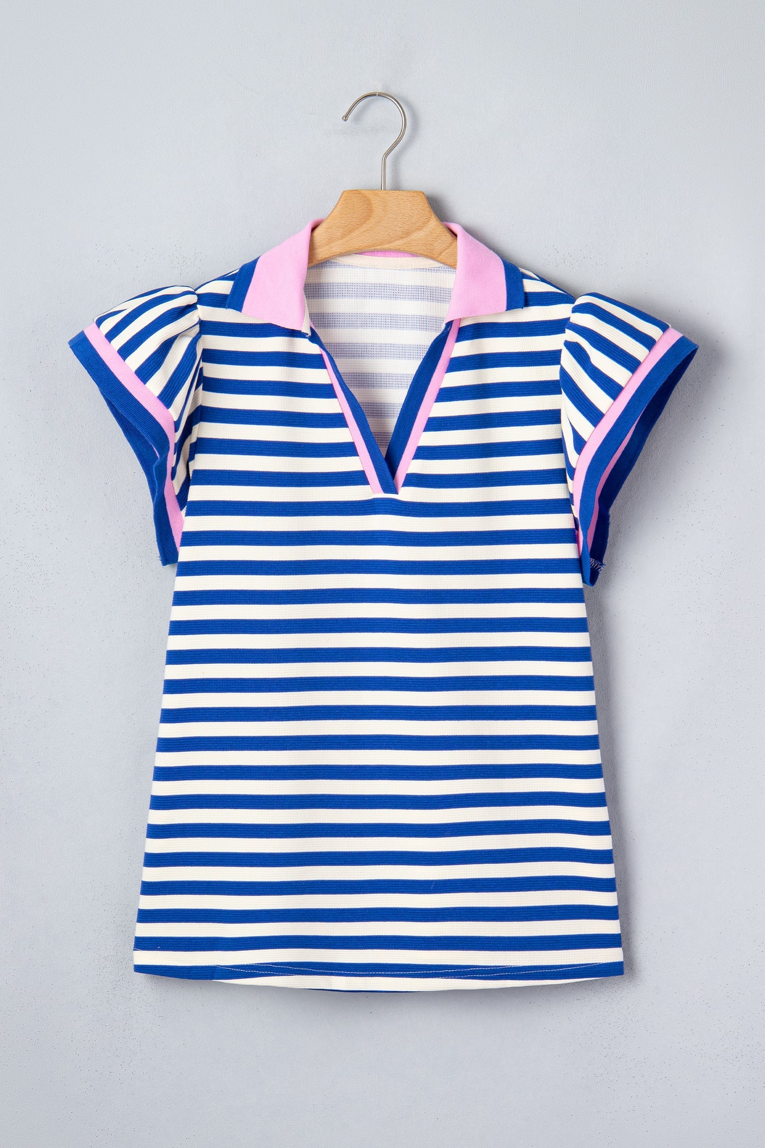 Stripe Contrast Trim Polo Collar Ruffle Sleeve Blouse