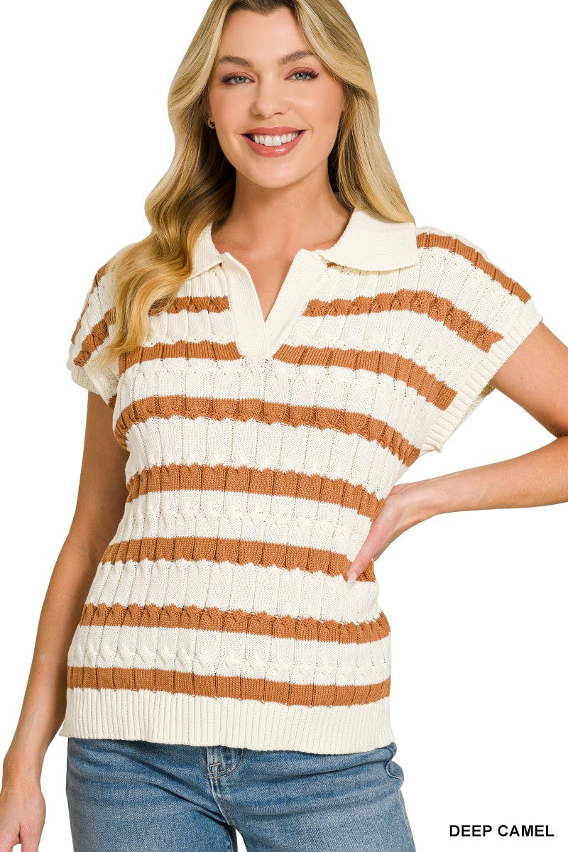Zenana Textured Stripe Collared Sweater Vest