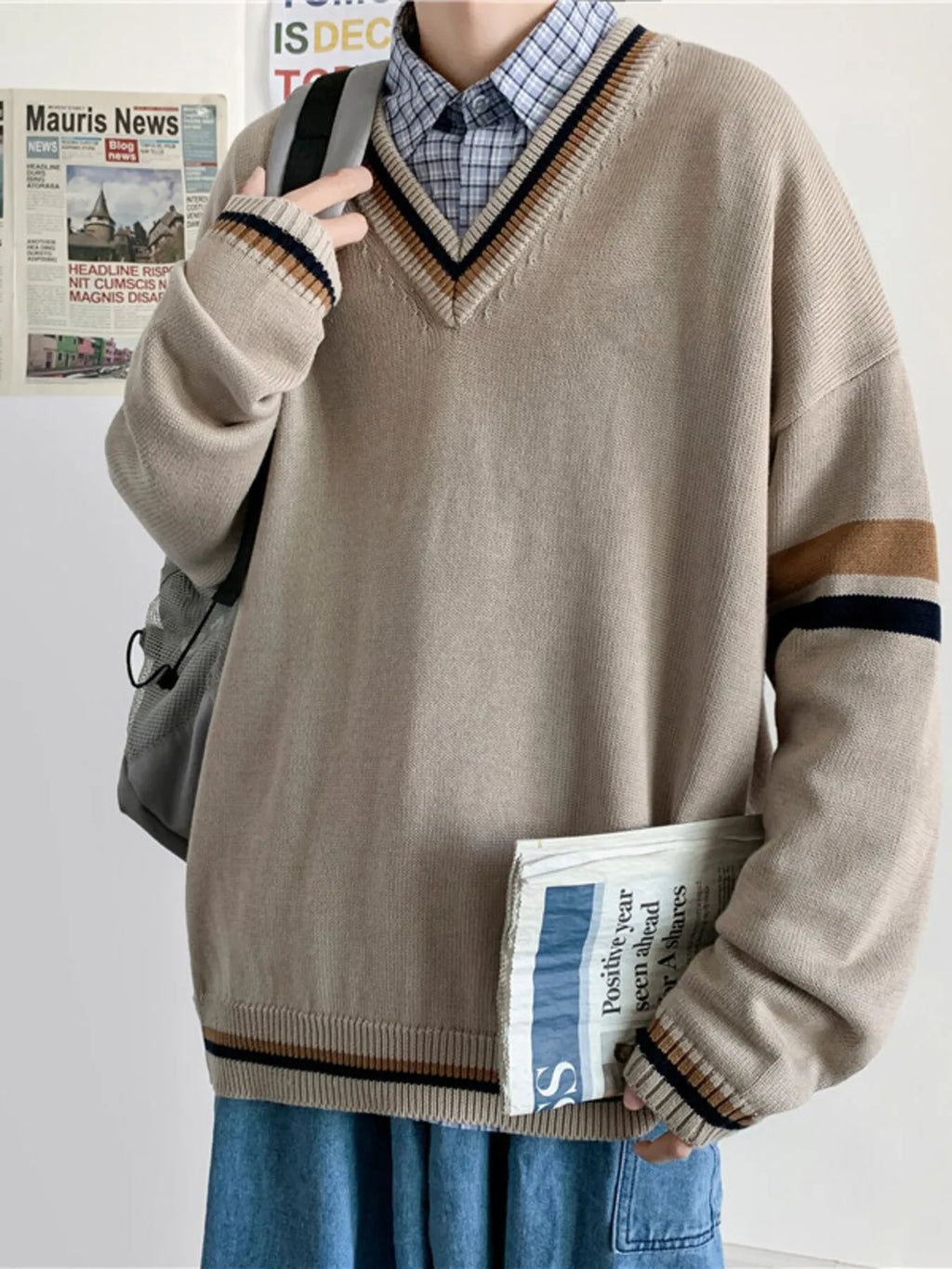 Men's Contrast Striped Long Sleeve Sweater